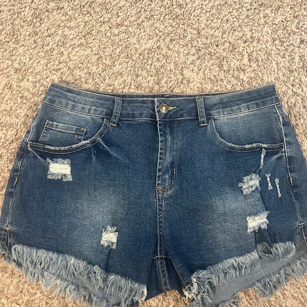 Blue Distressed Jean Shorts with Frayed Hem